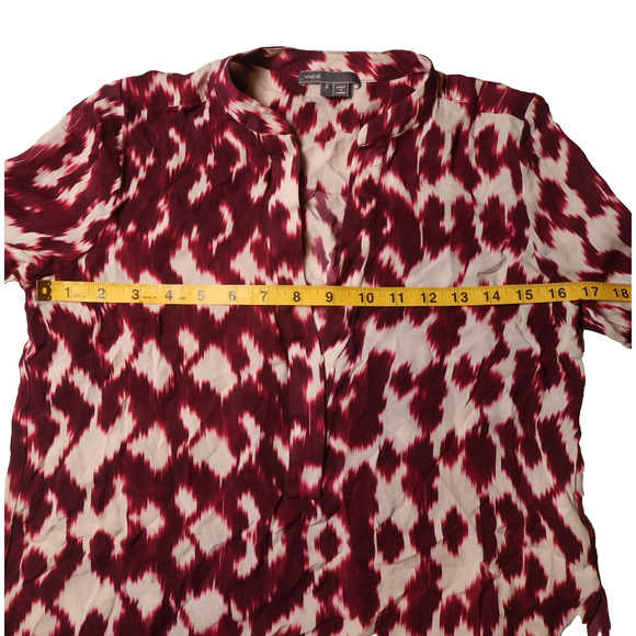 Vince Silk Blouse Burgundy Cream Abstract Print Split Neck Long Sleeve Size 2 - Picture 4 of 12
